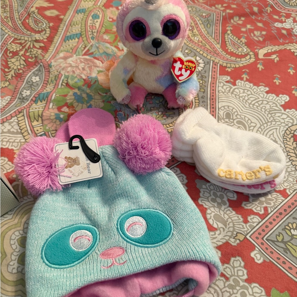 Baby girls hat & botties Plus Ty Plush Toy unicorn with Pink and Blue Accent